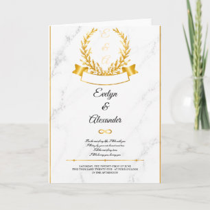 Luxury Gold Laurel Wreath White Marble Wedding Card