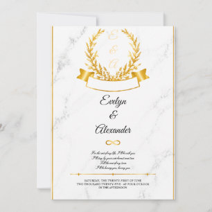 Luxury Gold Laurel Wreath White Marble Wedding Invitation