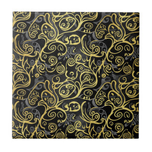 Luxury Gold Leaf Storybook Black Silver Ceramic Tile