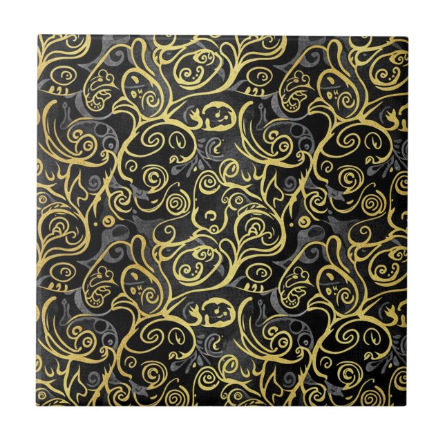 Luxury Gold Leaf Storybook Black Silver Ceramic Tile (Front)