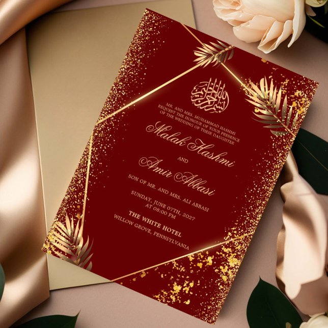 Luxury Gold Leaves Islamic Muslim Wedding Burgundy Invitation (Creator Uploaded)