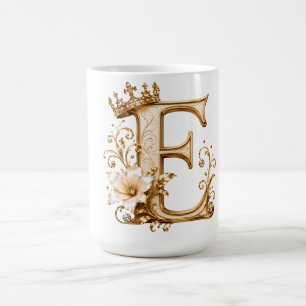 Luxury Gold Letter E Monogram with Crown & Lily Fl Coffee Mug