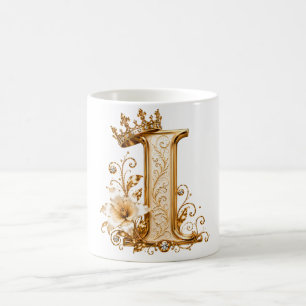 Luxury Gold Letter I Monogram with Crown & Lily Fl Coffee Mug