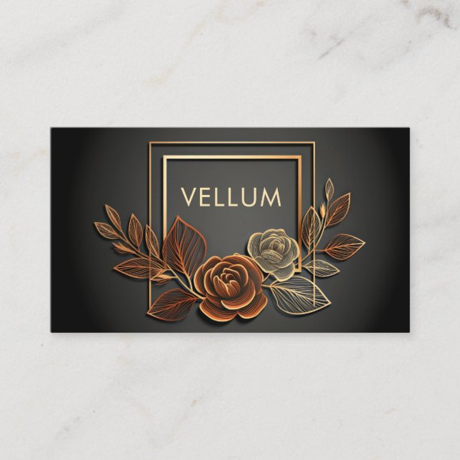 Luxury Gold Line Art Rose Floral Midnight Black Business Card (Front)