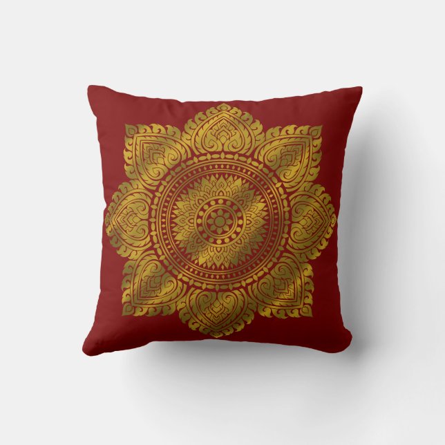 Luxury Gold Mandala Red Throw Pillow (Back)