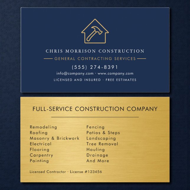 Luxury Gold Metallic Navy Blue Construction Business Card (Creator Uploaded)