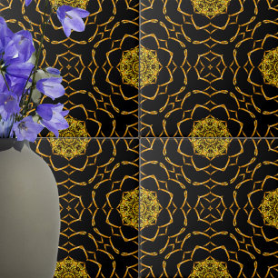 Luxury Gold Metallic Ornaments on Black Pattern Ceramic Tile