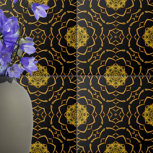 Luxury Gold Metallic Ornaments on Black Pattern Ceramic Tile (Creator Uploaded)