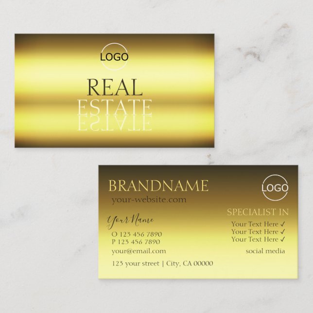 Luxury Gold Modern Mirror Font Stylish with Logo Business Card (Front/Back)
