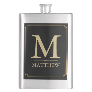 Luxury Gold Monogram Black Hip Flask