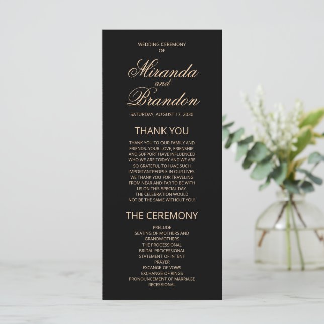 Luxury Gold Monogram Black Wedding Program (Standing Front)