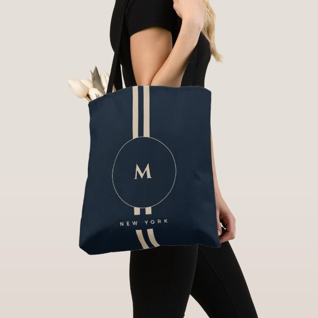 Luxury Gold Monogram Initial Midnight Navy Resort  Tote Bag (Close Up)