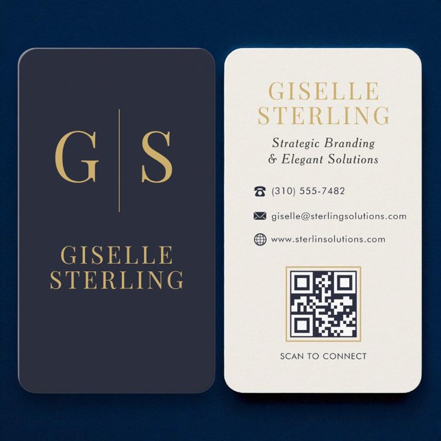 Luxury Gold Monogram Navy Blue QR Code Business Card (Creator Uploaded)
