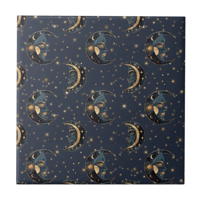 Luxury Gold Moon Celestial Pattern Ceramic Tile (Front)