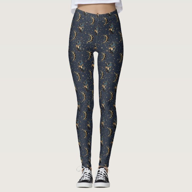 Luxury Gold Moon Celestial Pattern Leggings (Front)