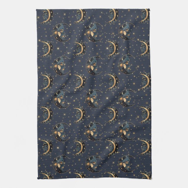 Luxury Gold Moon Celestial Pattern Tea Towel (Vertical)