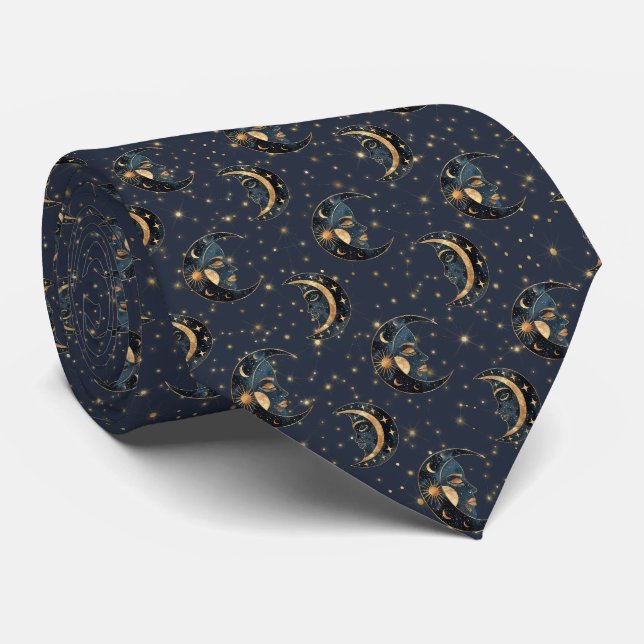 Luxury Gold Moon Celestial Pattern Tie (Rolled)