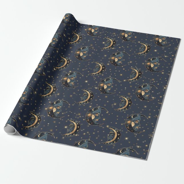 Luxury Gold Moon Celestial Pattern Wrapping Paper (Unrolled)
