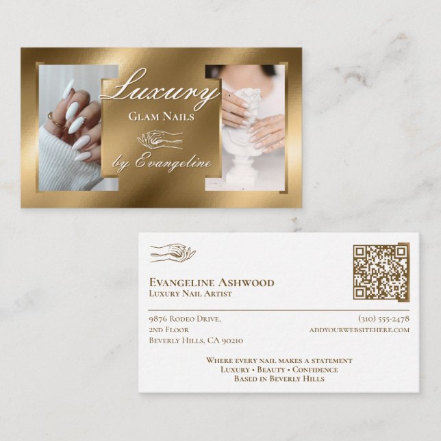 Luxury Gold Nail Technician Artist Salon Photos Business Card (Front/Back)