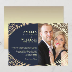 Luxury Gold Navy Blue Floral Photo Wedding Invite
