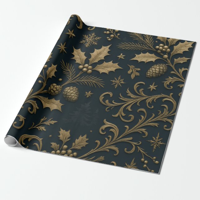 Luxury Gold & Navy Gilded Botanical Christmas Wrapping Paper (Unrolled)