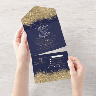 Luxury Gold Navy Glitter Confetti Wedding All In O One Invitation