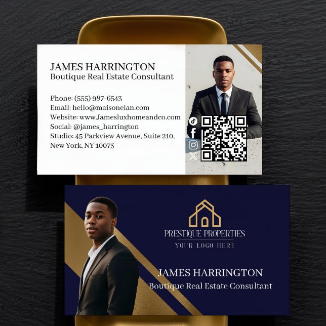 Luxury Gold & Navy Real Estate Agent Photo Logo Business Card (Luxury Gold & Black Real Estate Agent Photo Logo Navy Business Card)