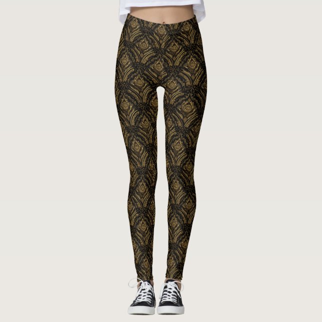 Luxury Gold Ornamental Damask Pattern Leggings (Front)
