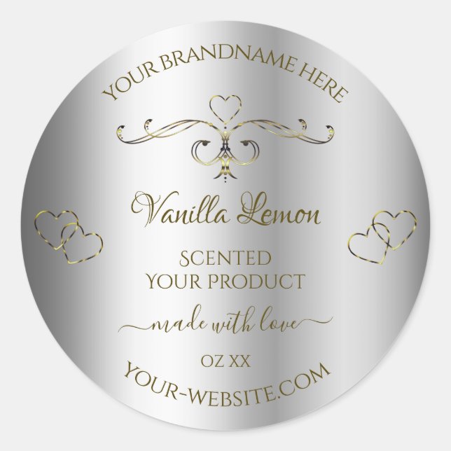 Luxury Gold Ornate Silver Product Labels Hearts (Front)