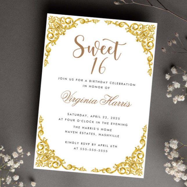 Luxury Gold Ornate White Sweet Sixteen 16 Birthday Invitation (Creator Uploaded)