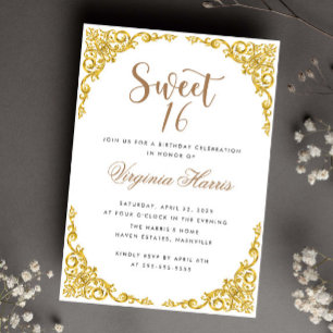 Luxury Gold Ornate White Sweet Sixteen 16 Birthday Invitation