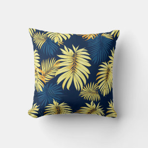 Luxury Gold Palm Leaf Pattern Navy Tropical  Cushion