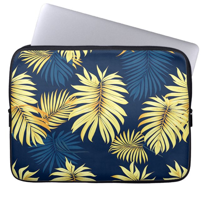 Luxury Gold Palm Leaf Pattern Navy Tropical  Laptop Sleeve (Front)