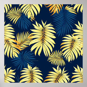 Luxury Gold Palm Leaf Pattern Navy Tropical Poster