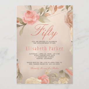 Luxury Gold Peach Coral Floral 50th Birthday Party Invitation