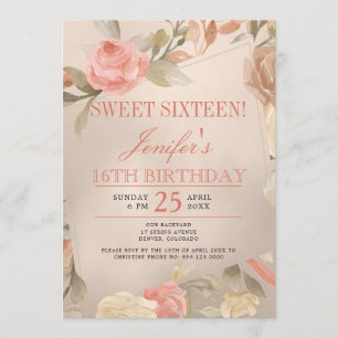 Luxury Gold Peach Coral Floral Sweet Sixteen Invitation