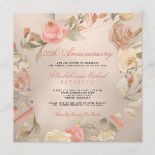 Luxury Gold Peach Coral Floral Wedding Anniversary Invitation