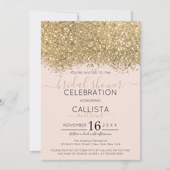 Luxury Gold Pink Glitter Confetti Bridal Shower Invitation (Front)