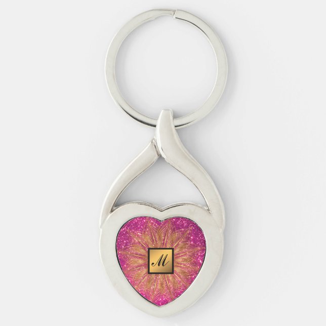 Luxury Gold Pink Glitter Monogrammed Gift Key Ring (Front)