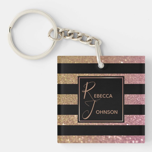 Luxury Gold Pink Glitter Stripes - Keychain (Front)