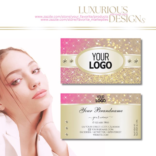 Luxury Gold Pink Purple Glitter Diamonds add Logo Business Card (Creator Uploaded)