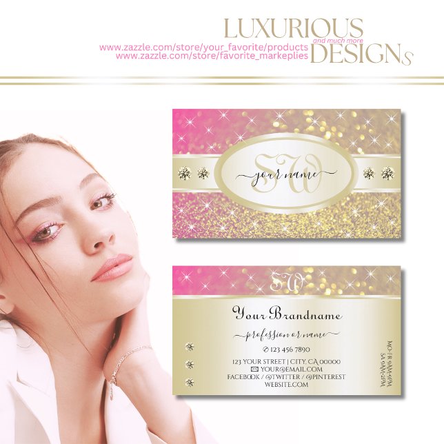 Luxury Gold Pink Purple Glitter Diamonds Monogram Business Card (Creator Uploaded)
