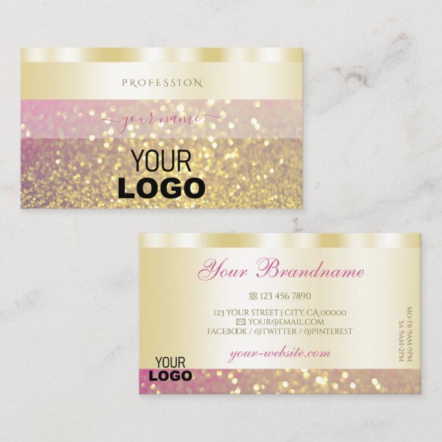 Luxury Gold Pink Purple Sparkling Glitter Add Logo Business Card (Front/Back)