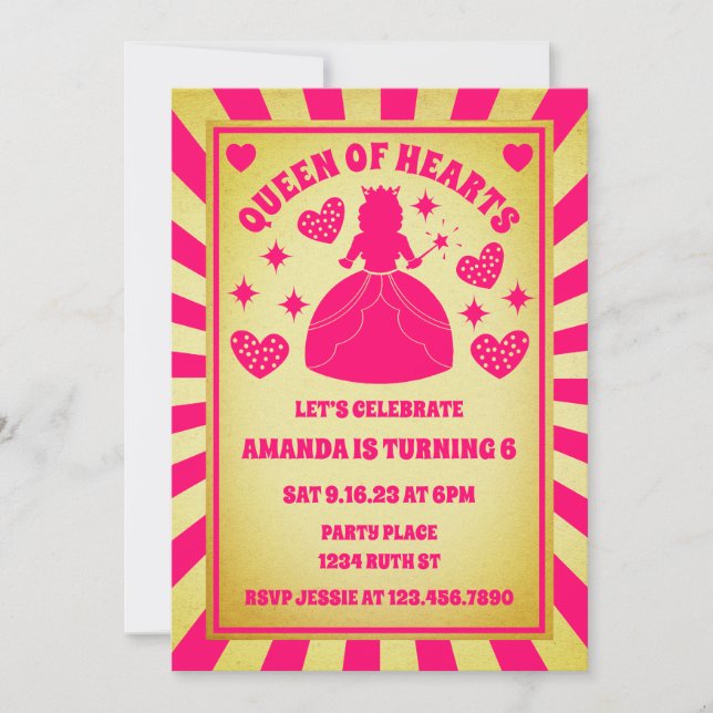 Luxury Gold Pink Queen Of Hearts Birthday Invitation (Front)