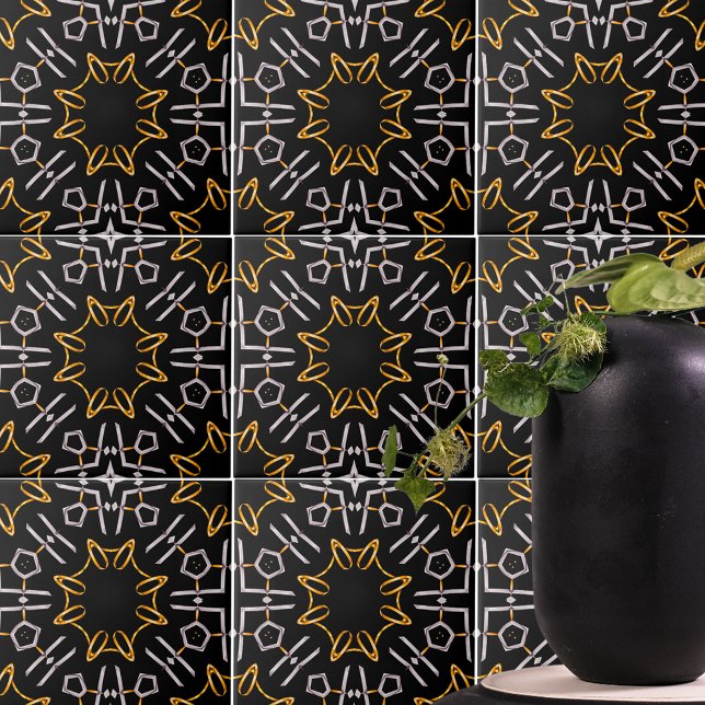 Luxury Gold Platinum Ornaments on Black Pattern Ceramic Tile (Creator Uploaded)
