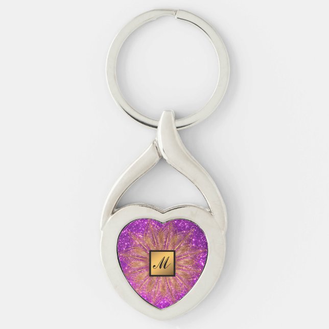 Luxury Gold Purple Glitter Monogrammed Gift Key Ring (Front)