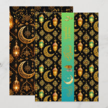 Luxury Gold Ramadan Lanterns Black Teal Flat Card