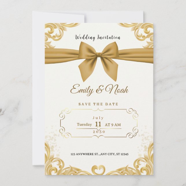 Luxury Gold Ribbon & Bow Elegant Wedding Invite (Front)