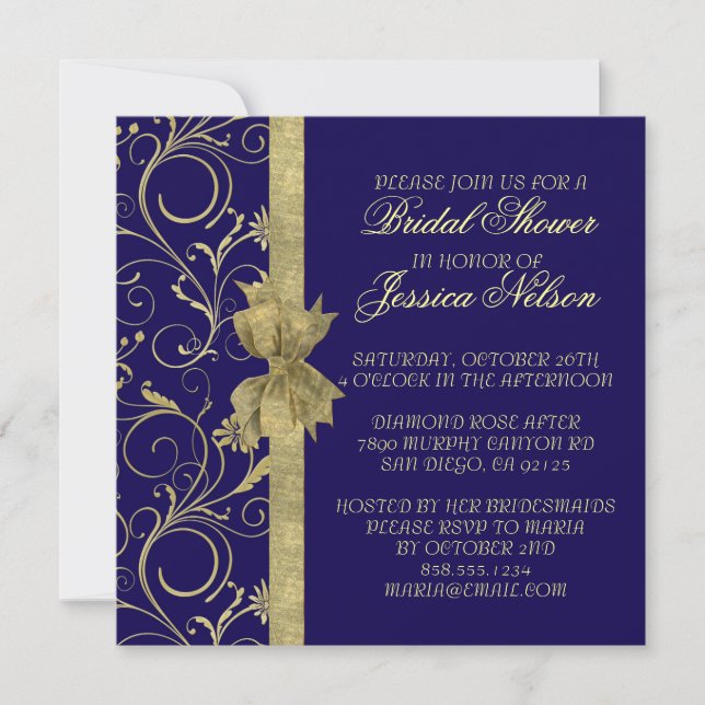 Luxury Gold Ribbon Damask Blue Shower Invite (Front)