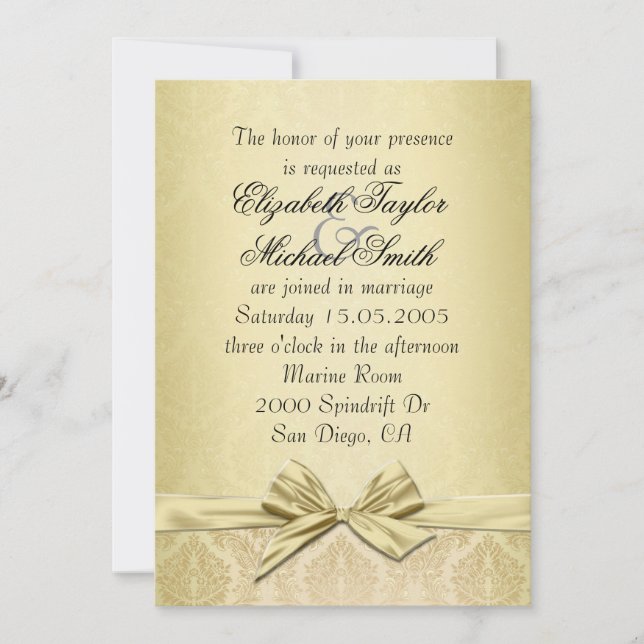 Luxury Gold Ribbon Damask Wedding Invite (Front)